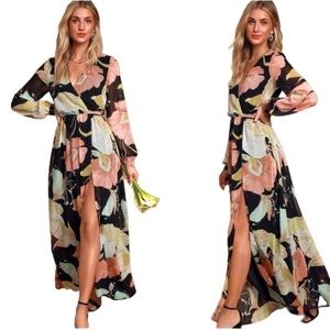 Lulus Wondrous Water Lilies Black Floral Maxi Dress size XS Formal Wedding